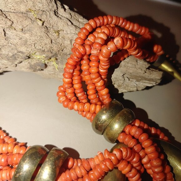 Orange Native Necklace Vintage 6 Multi Strand Glass Coral Brass Circular Pendan - Picture 8 of 11